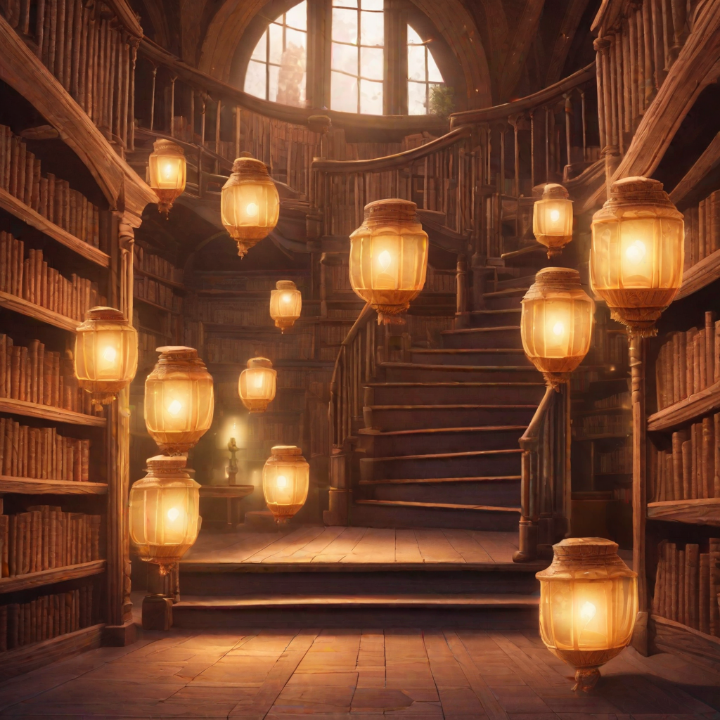 DreamShaper XL result for prompt 2 storybook interior lantern library
