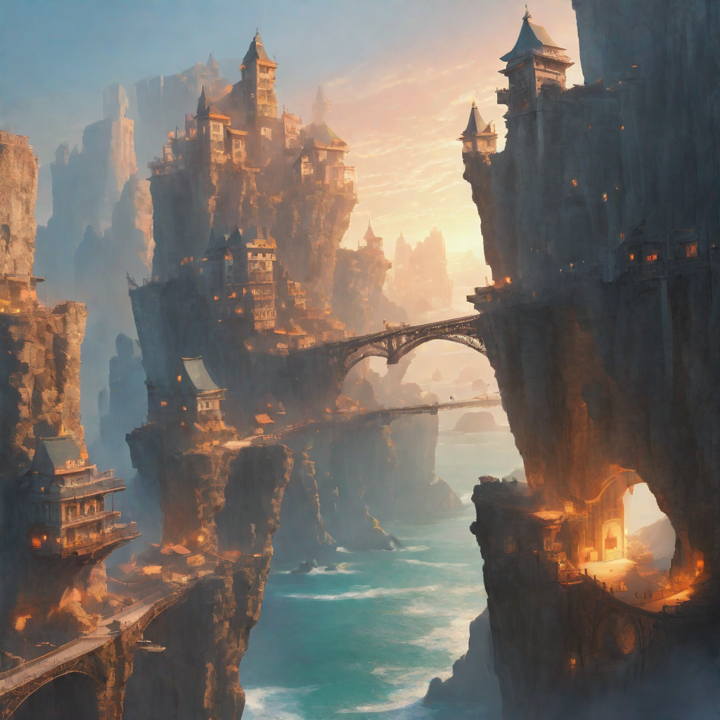 DreamShaper XL result for prompt 1 worldbuilding scene sea cliff city
