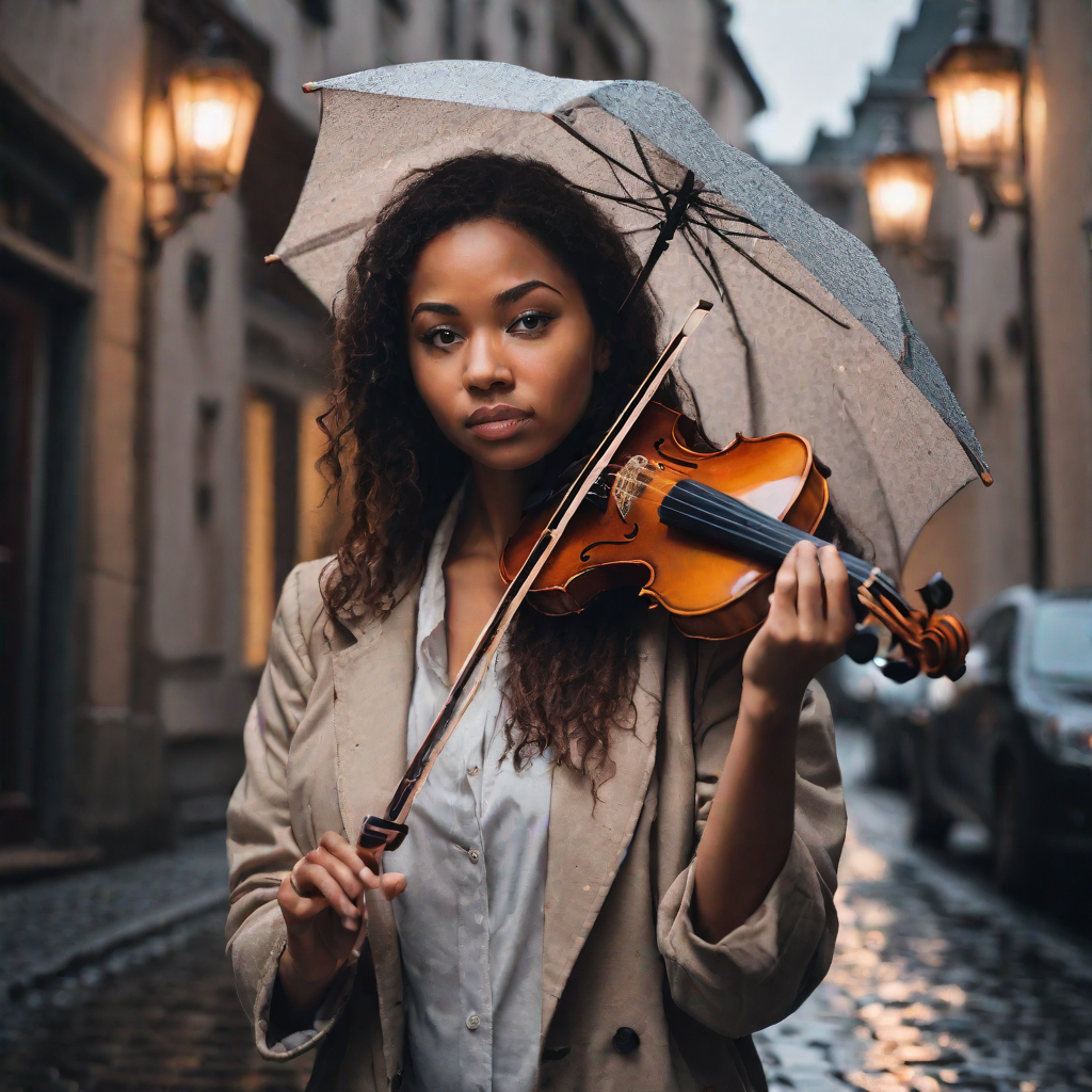 DreamShaper XL result for prompt 3 weakness check violinist rain portrait