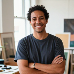 Candid portrait of a smiling artist in a sunlit studio.