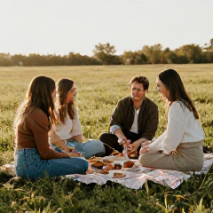Friends sharing a picnic in soft golden hour light.