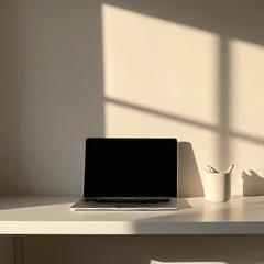 Minimalist workspace shot with warm afternoon light.