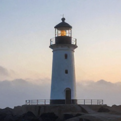 Misty lighthouse at sunrise in a painterly style.