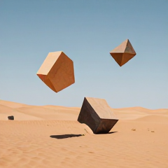 Surreal desert landscape with floating geometric shapes.