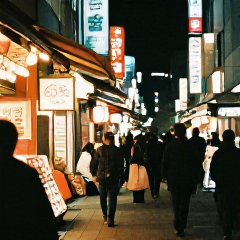 Street market in Tokyo, cinematic neon glow, 35mm film.